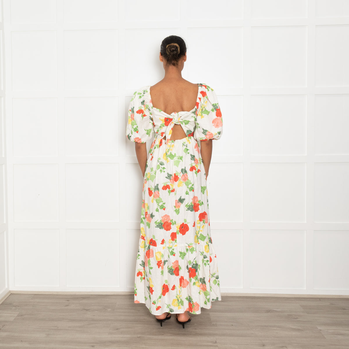 Sezane Linen Puff Sleeve Midi Dress with Red and Green Floral Print