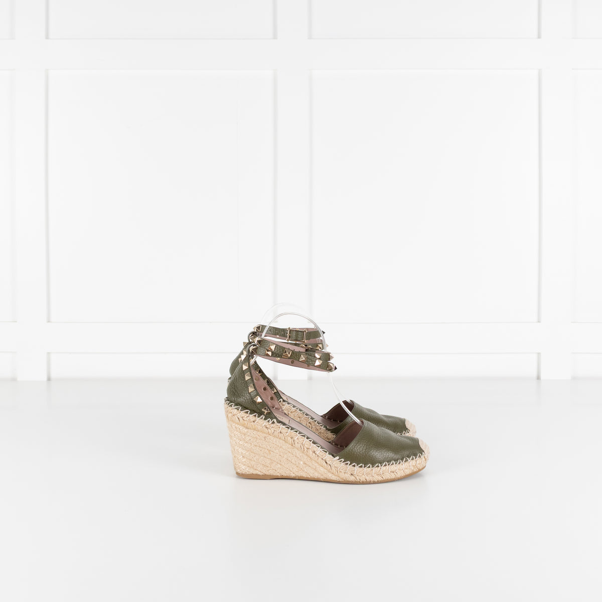 Valentino Khaki Wedge Leather Rockstud Espadrilles