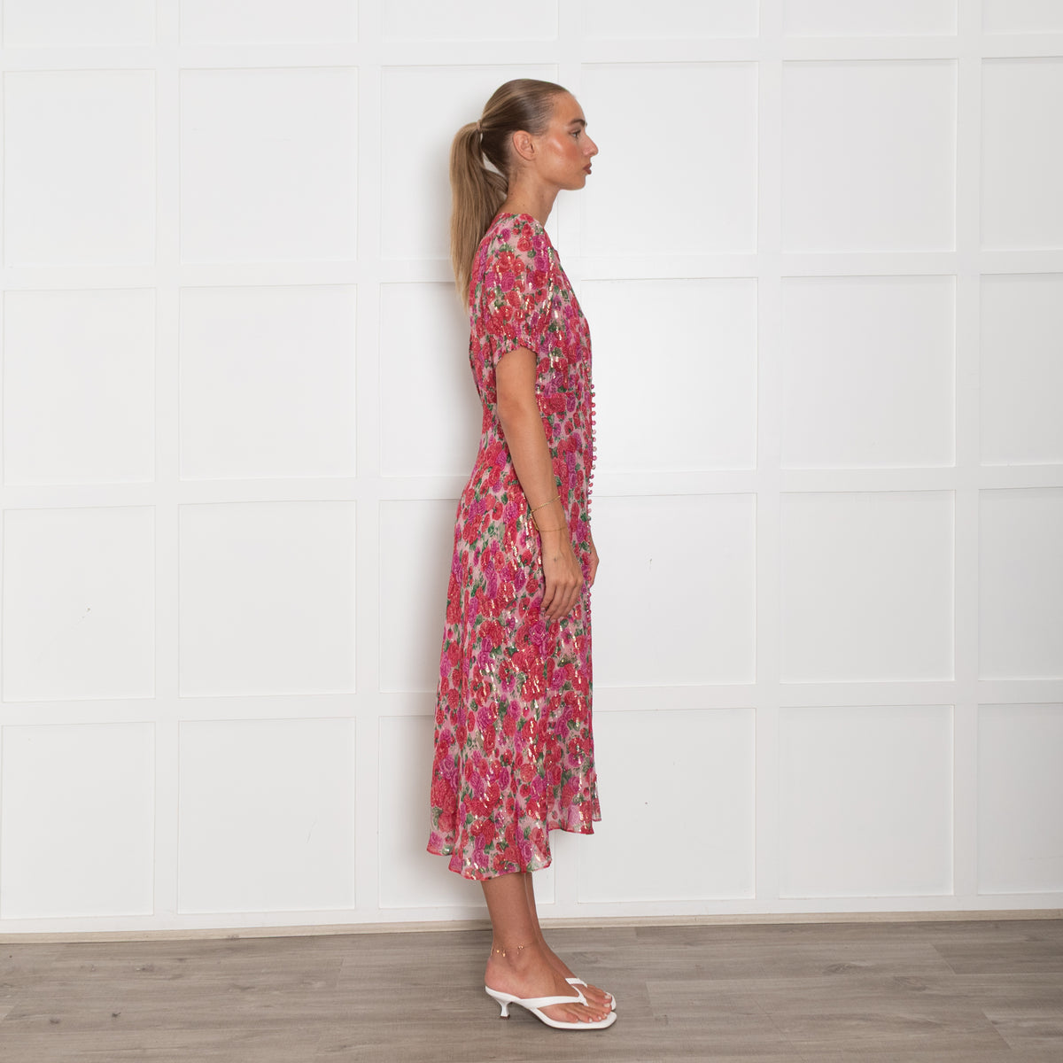 The Kooples Pink Red Floral Silver Thread Midi Dress