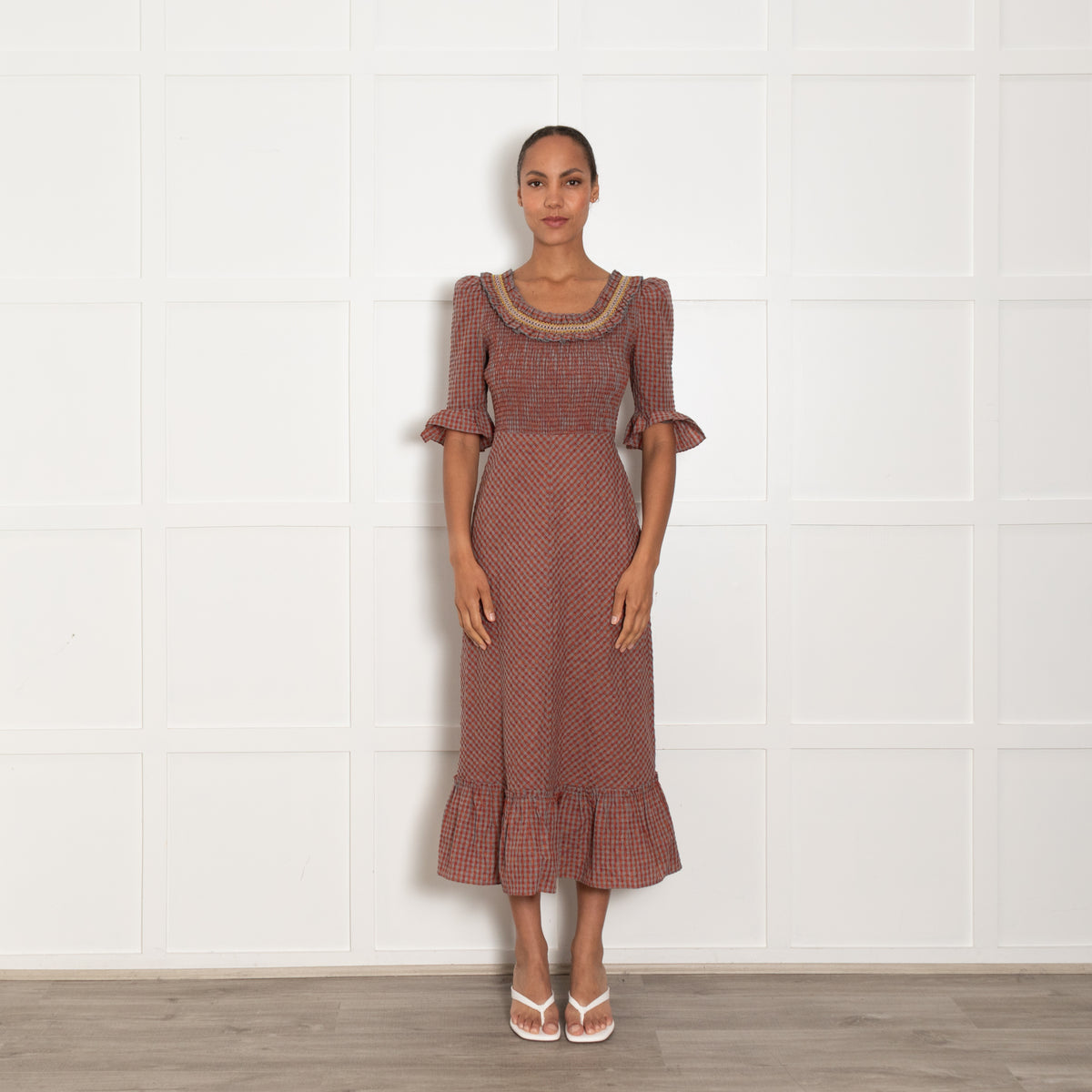 Wyse Grey Orange Gingham Smock Maxi Dress