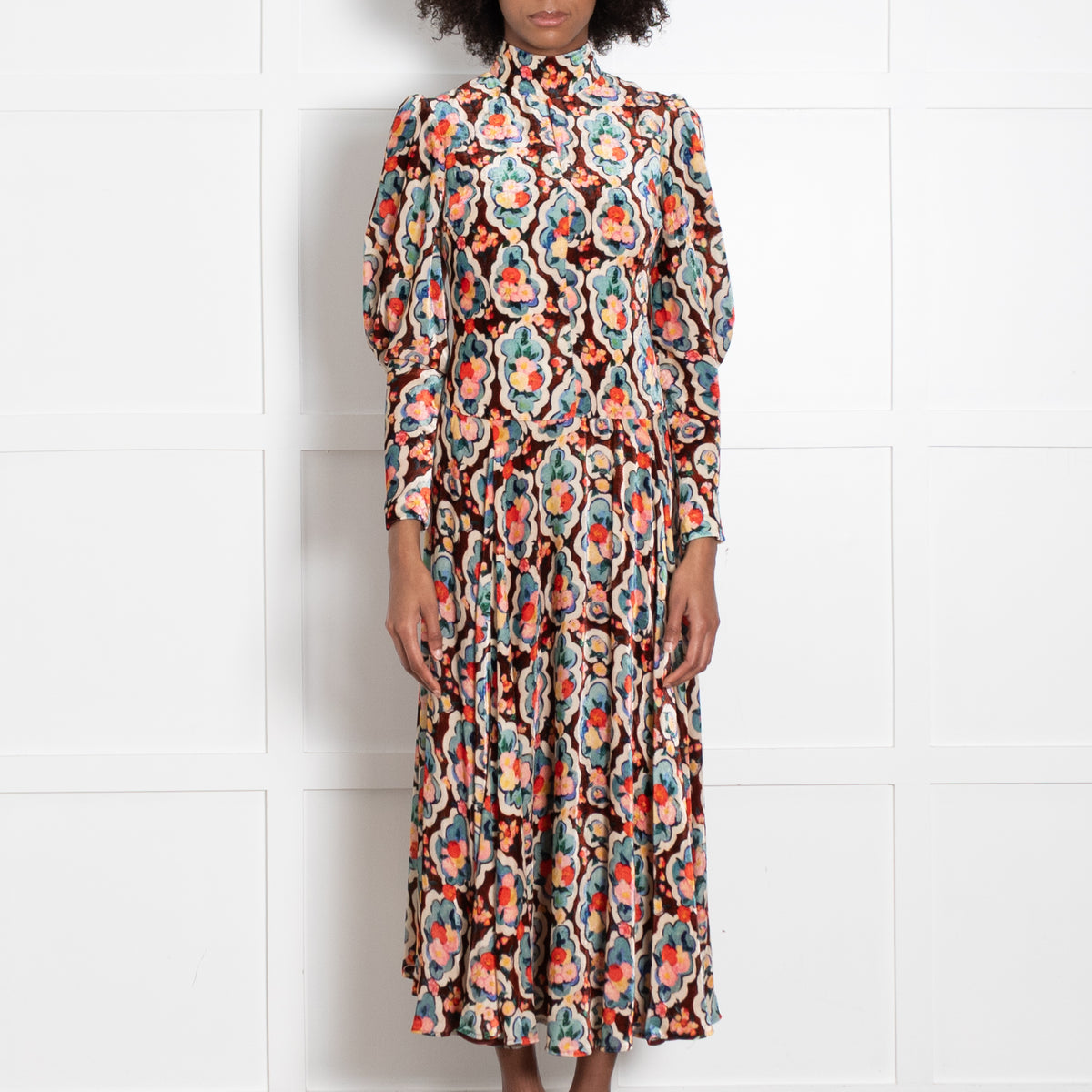La Double J Velvet Brown Floral Long Sleevve Maxi Dress