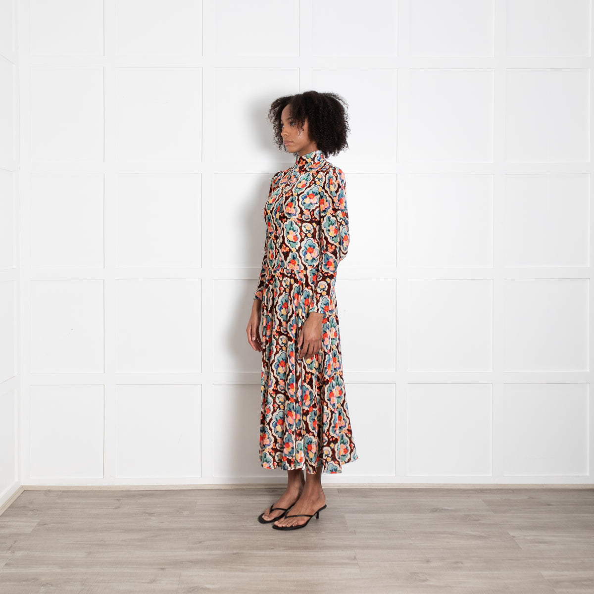 La Double J Velvet Brown Floral Long Sleevve Maxi Dress