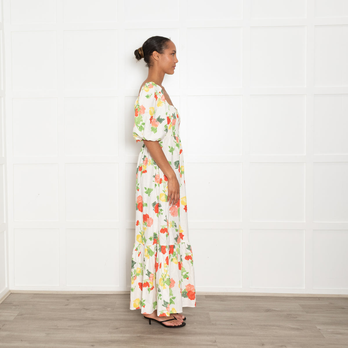 Sezane Linen Puff Sleeve Midi Dress with Red and Green Floral Print