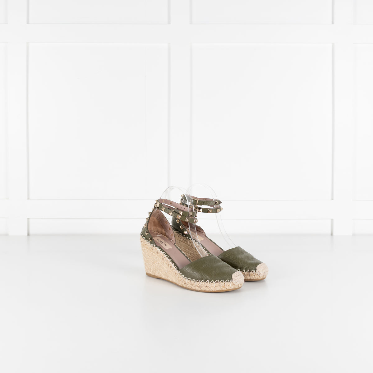 Valentino Khaki Wedge Leather Rockstud Espadrilles