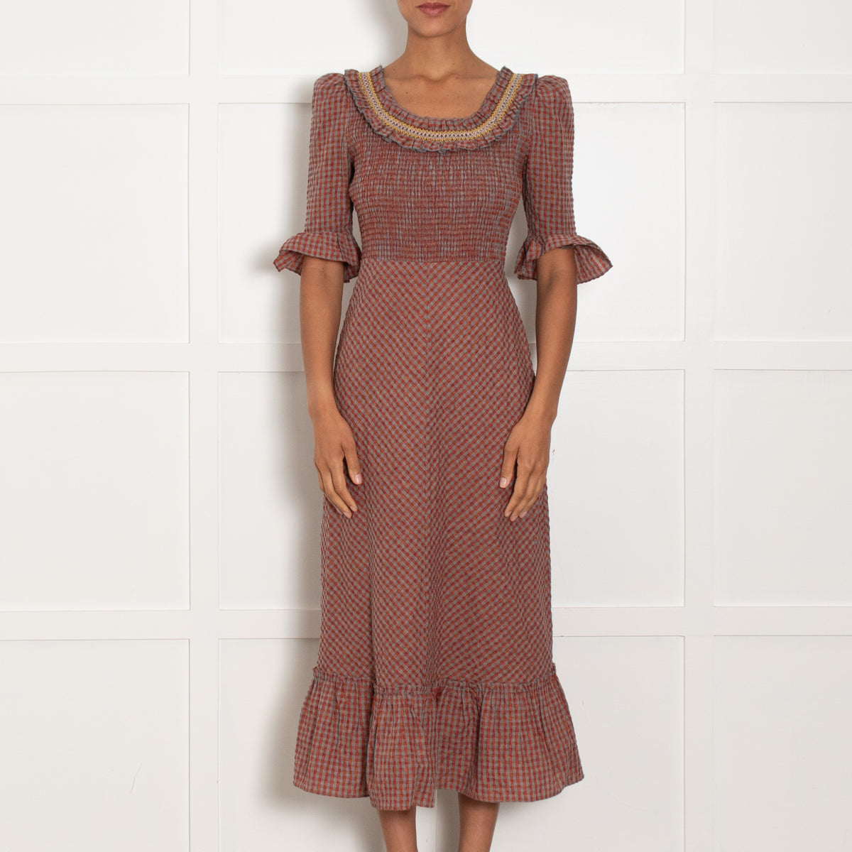 Wyse Grey Orange Gingham Smock Maxi Dress