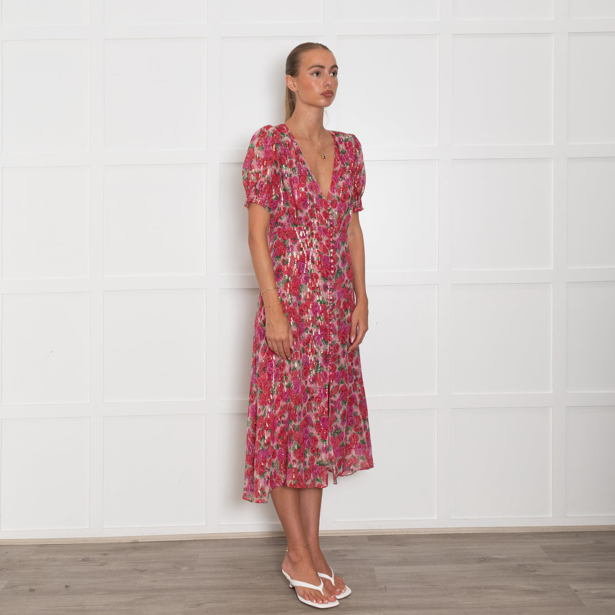 The Kooples Pink Red Floral Silver Thread Midi Dress