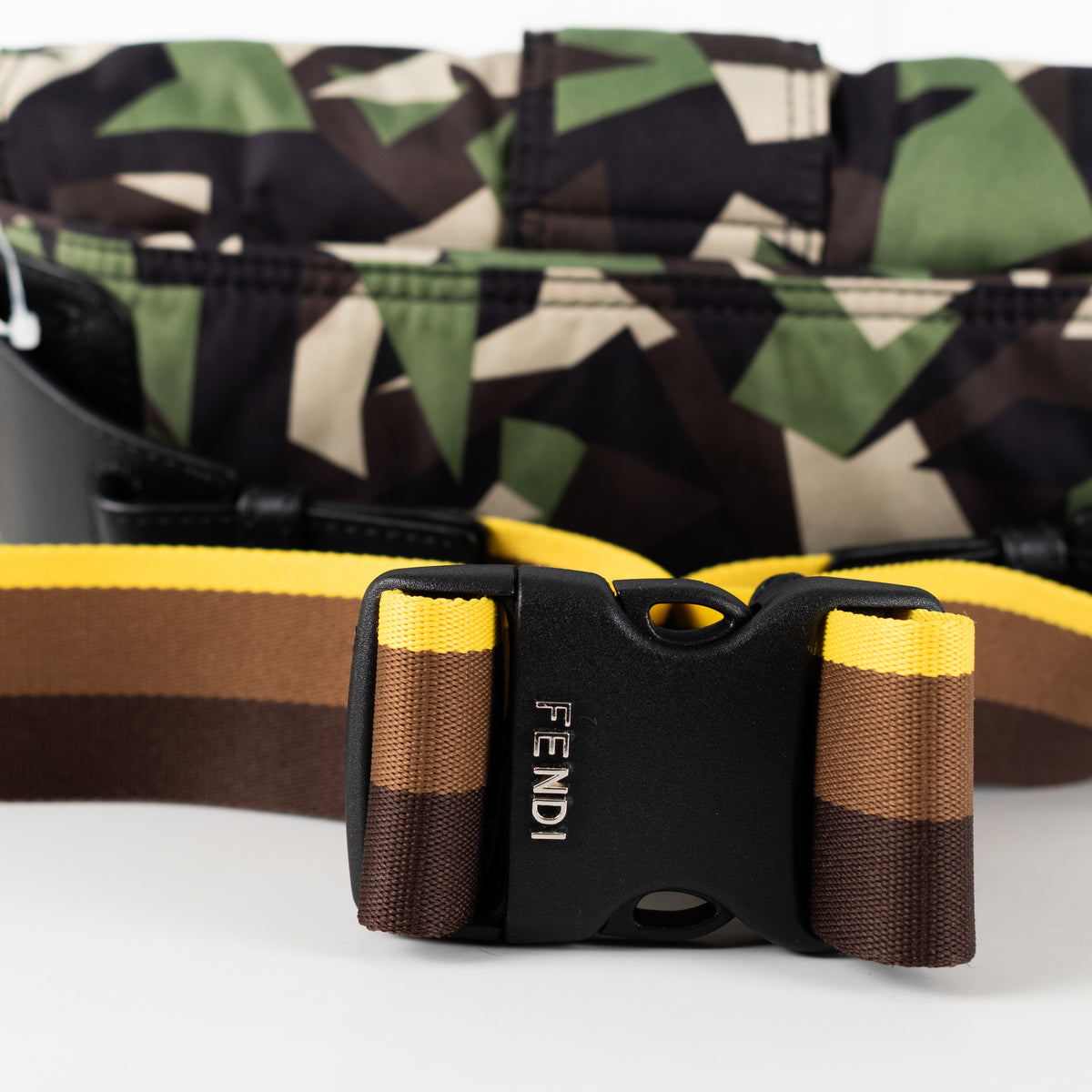 Close up of the strap and buckle do up on Fendi Green Nylon Camouflage Convertible Baguette Satchel bag.