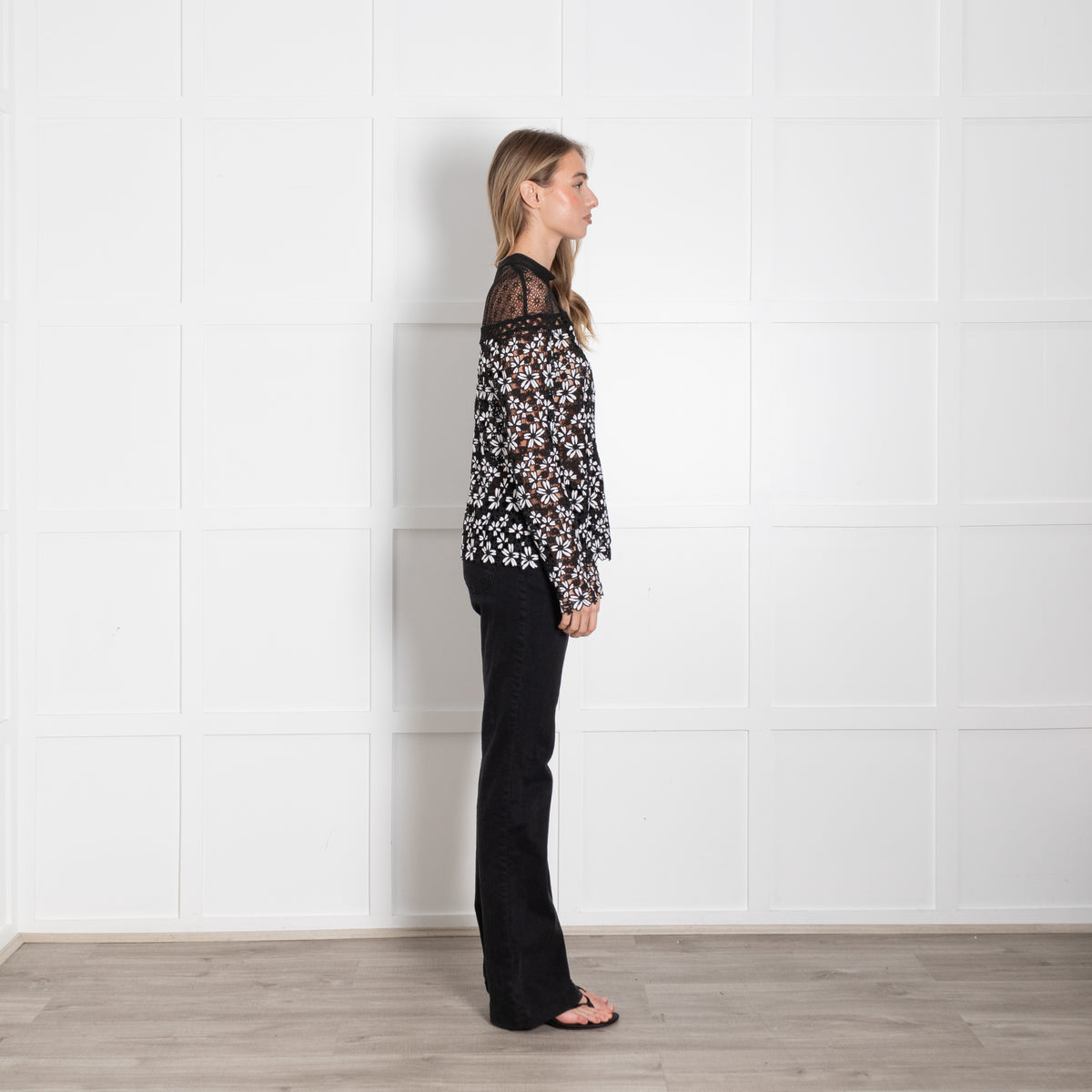 Self Portrait Black White Lace Floral Long Sleeve Top