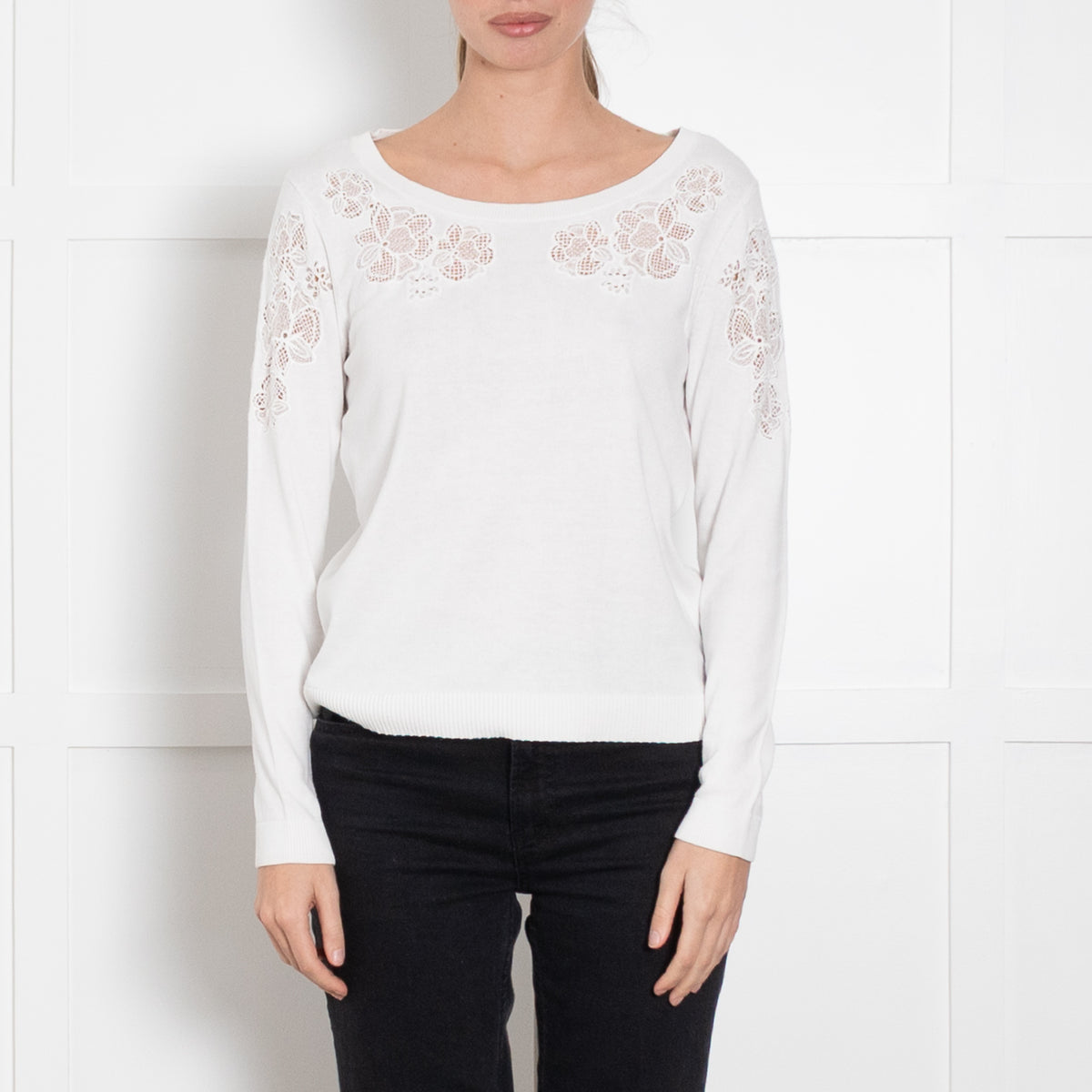Claudie Pierlot White Lace Flower Detail Knitted Jumper