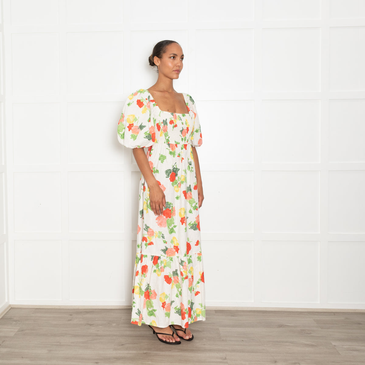 Sezane Linen Puff Sleeve Midi Dress with Red and Green Floral Print