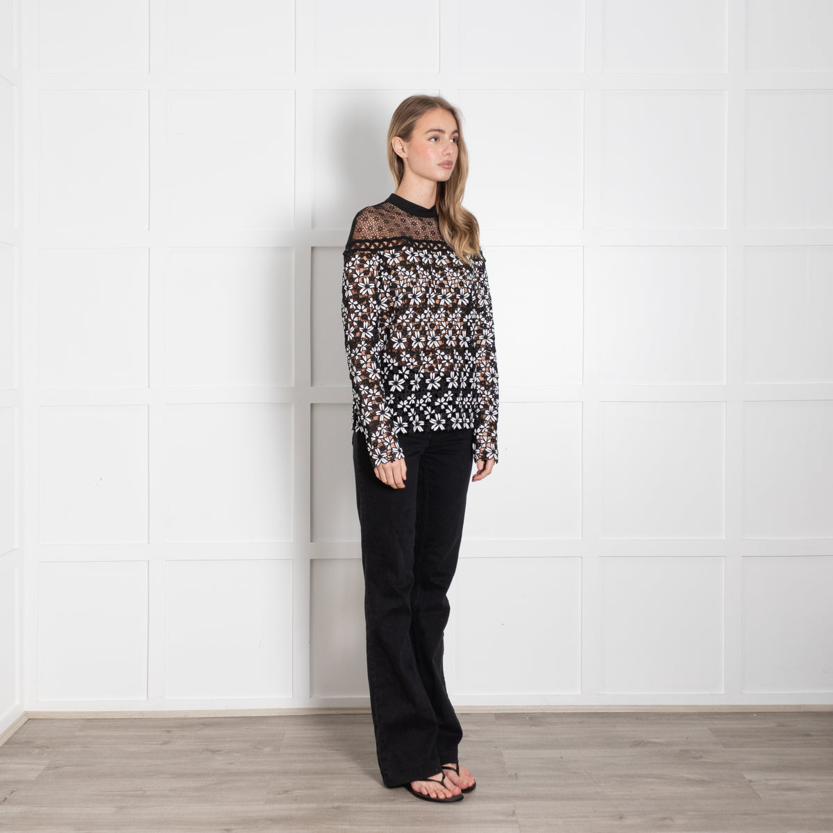 Self Portrait Black White Lace Floral Long Sleeve Top