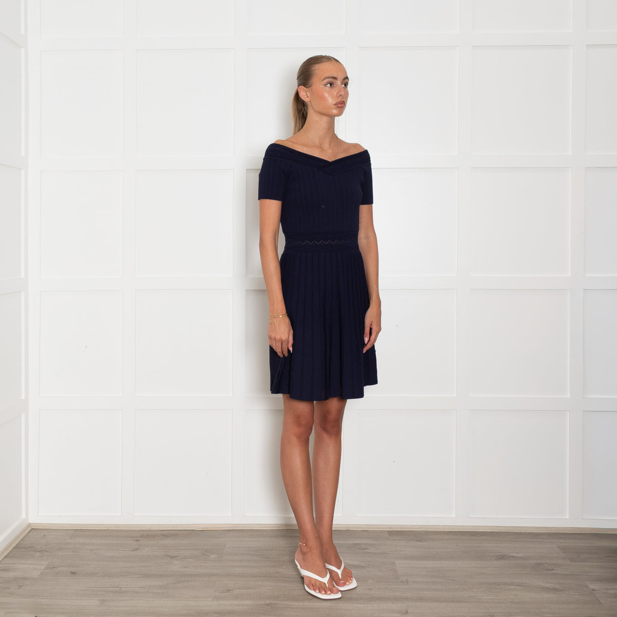 Sandro Navy Knitted Mini Dress with Bardot Neckline