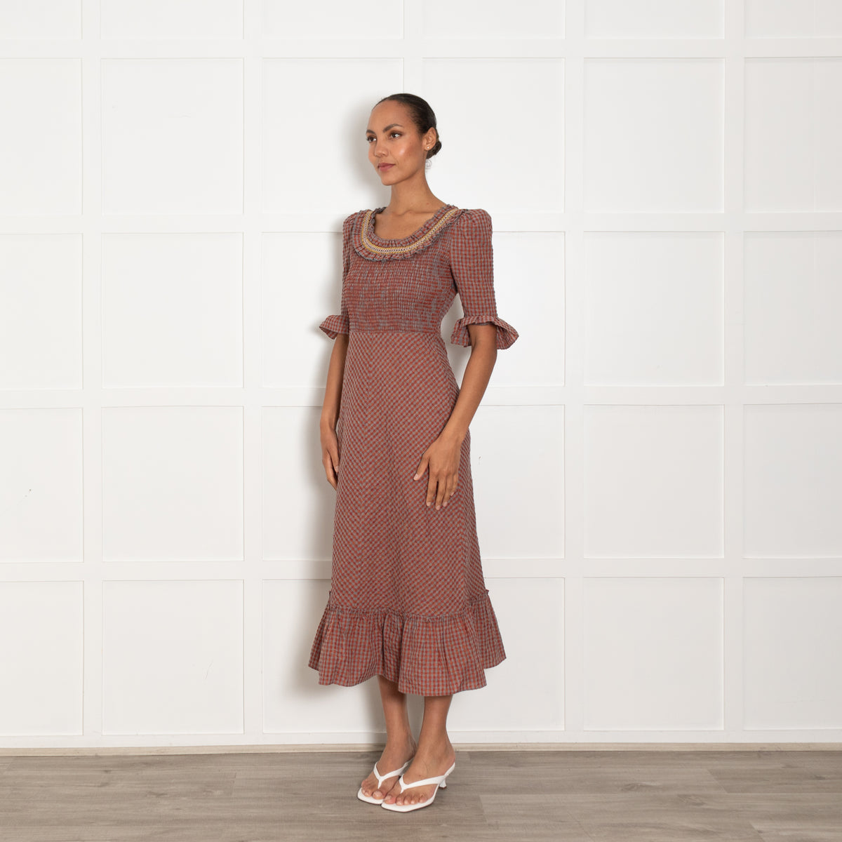 Wyse Grey Orange Gingham Smock Maxi Dress