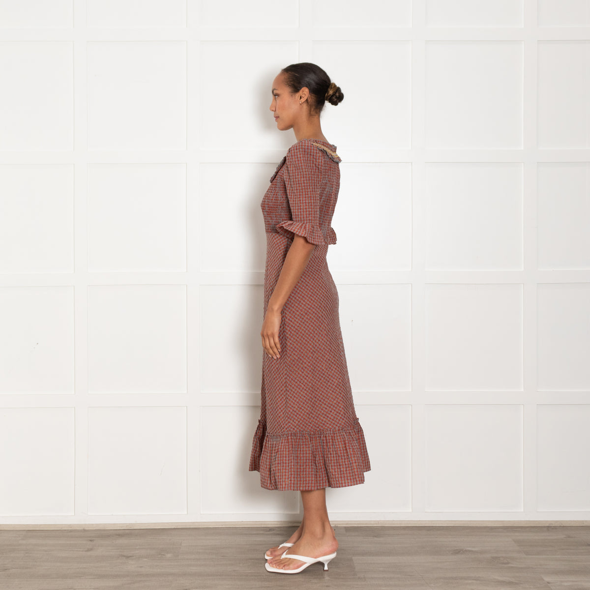 Wyse Grey Orange Gingham Smock Maxi Dress