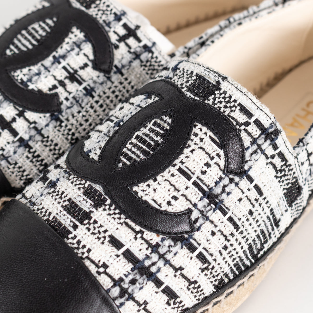 Chanel Black White Tweedy CC Espadrilles