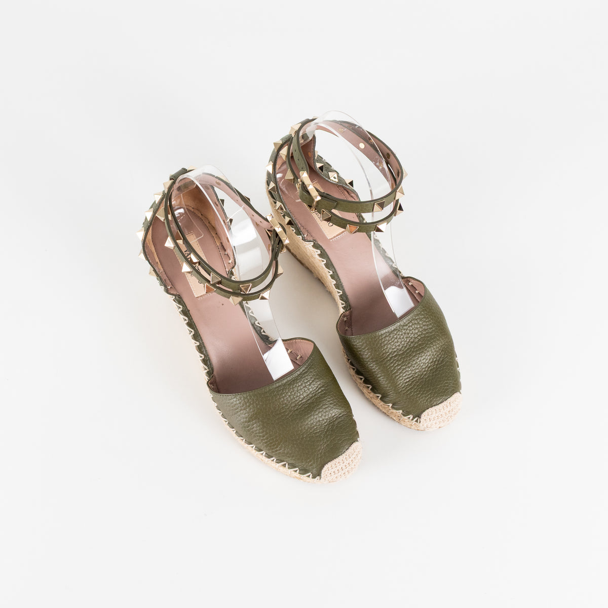 Valentino Khaki Wedge Leather Rockstud Espadrilles