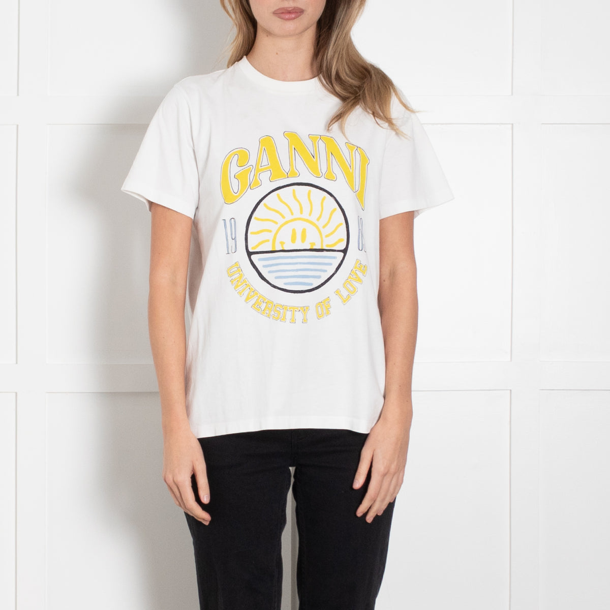 Ganni White Yellow Slogan T-Shirt