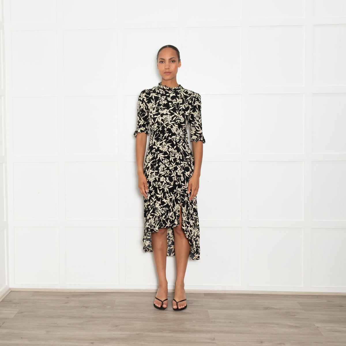 Ba&sh Black and Cream Floral High Neck Midi Dress