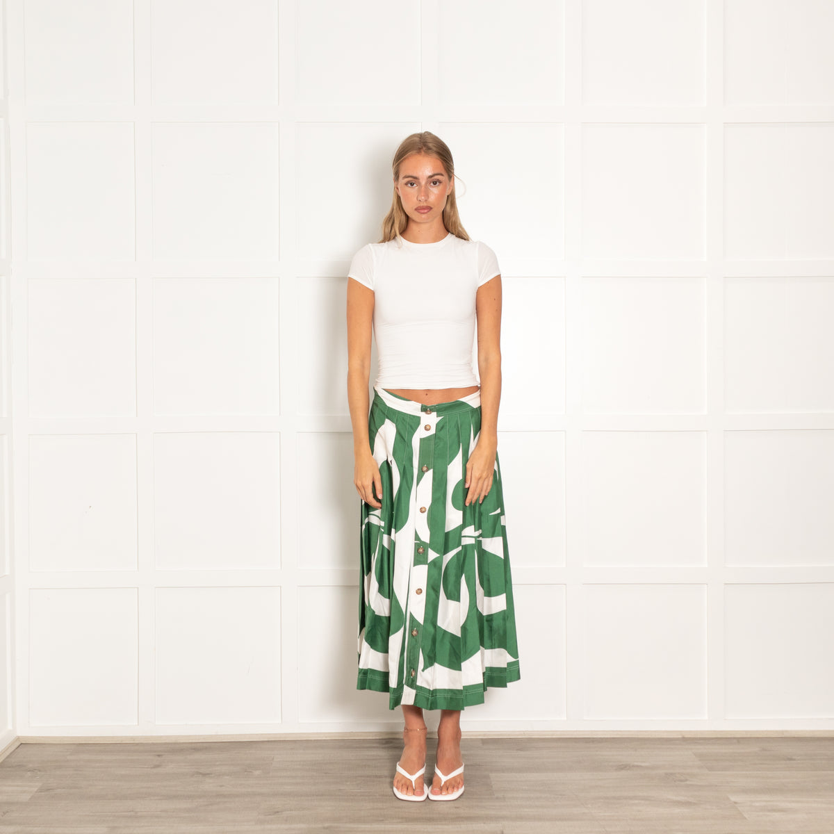 Victoria Beckham White Green Pleated Button Detail Skirt