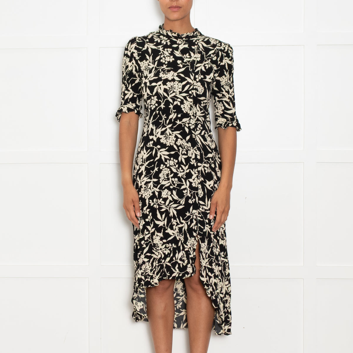 Ba&sh Black and Cream Floral High Neck Midi Dress