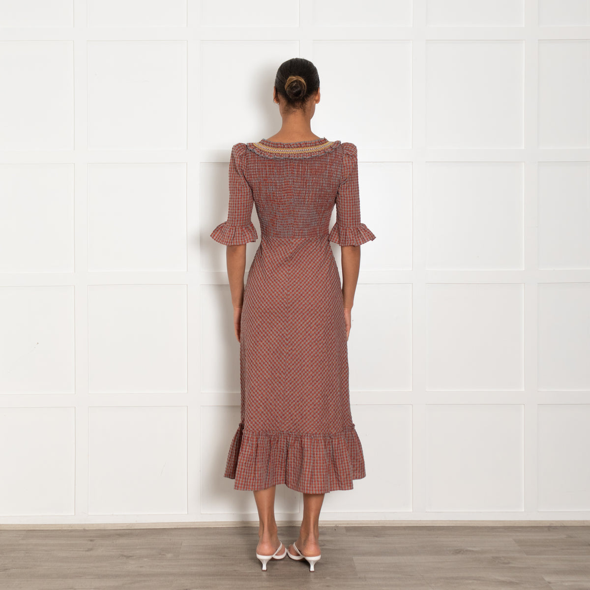 Wyse Grey Orange Gingham Smock Maxi Dress