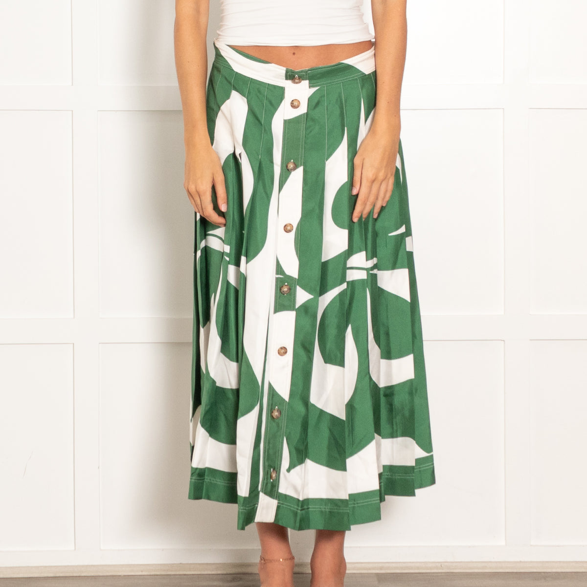 Victoria Beckham White Green Pleated Button Detail Skirt