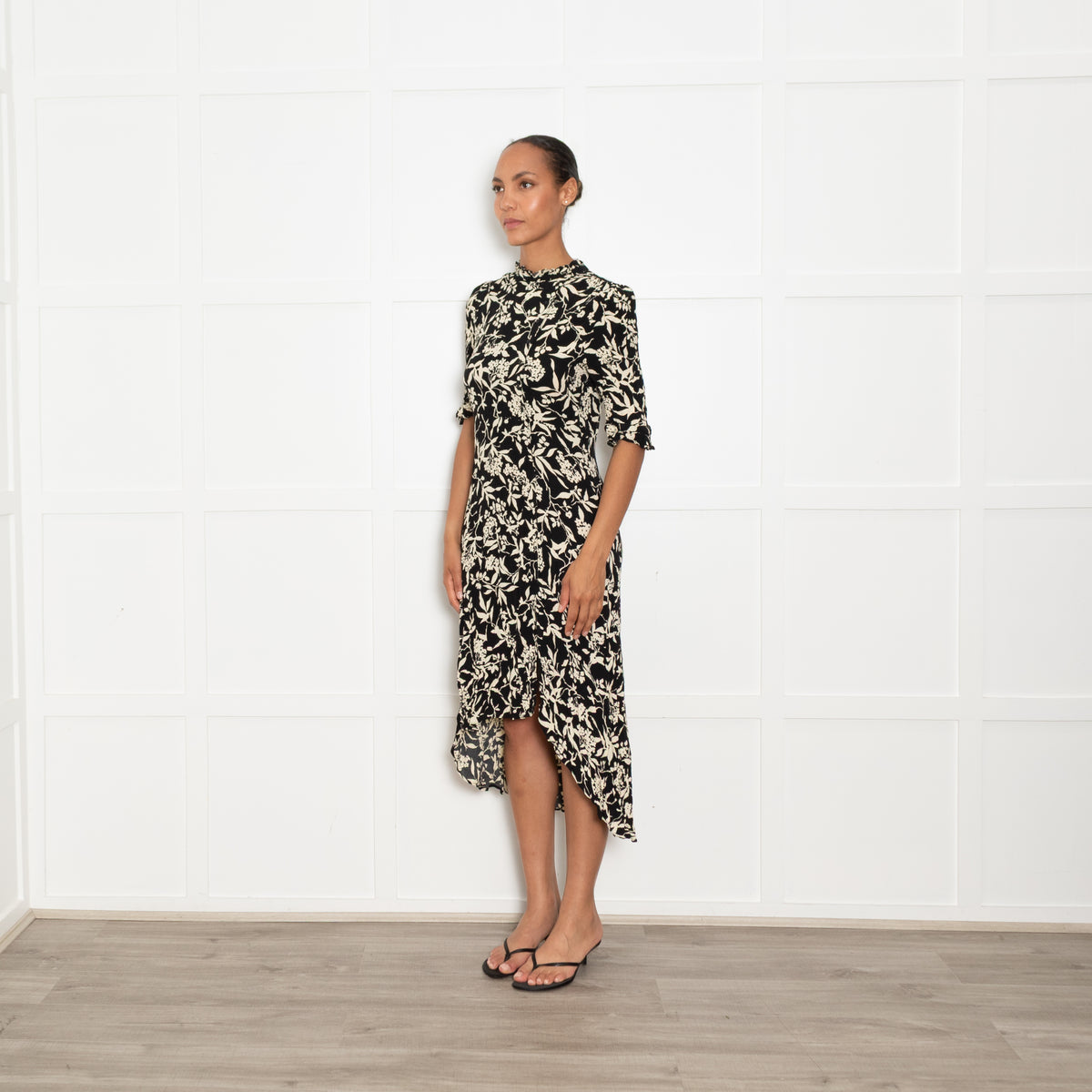 Ba&sh Black and Cream Floral High Neck Midi Dress