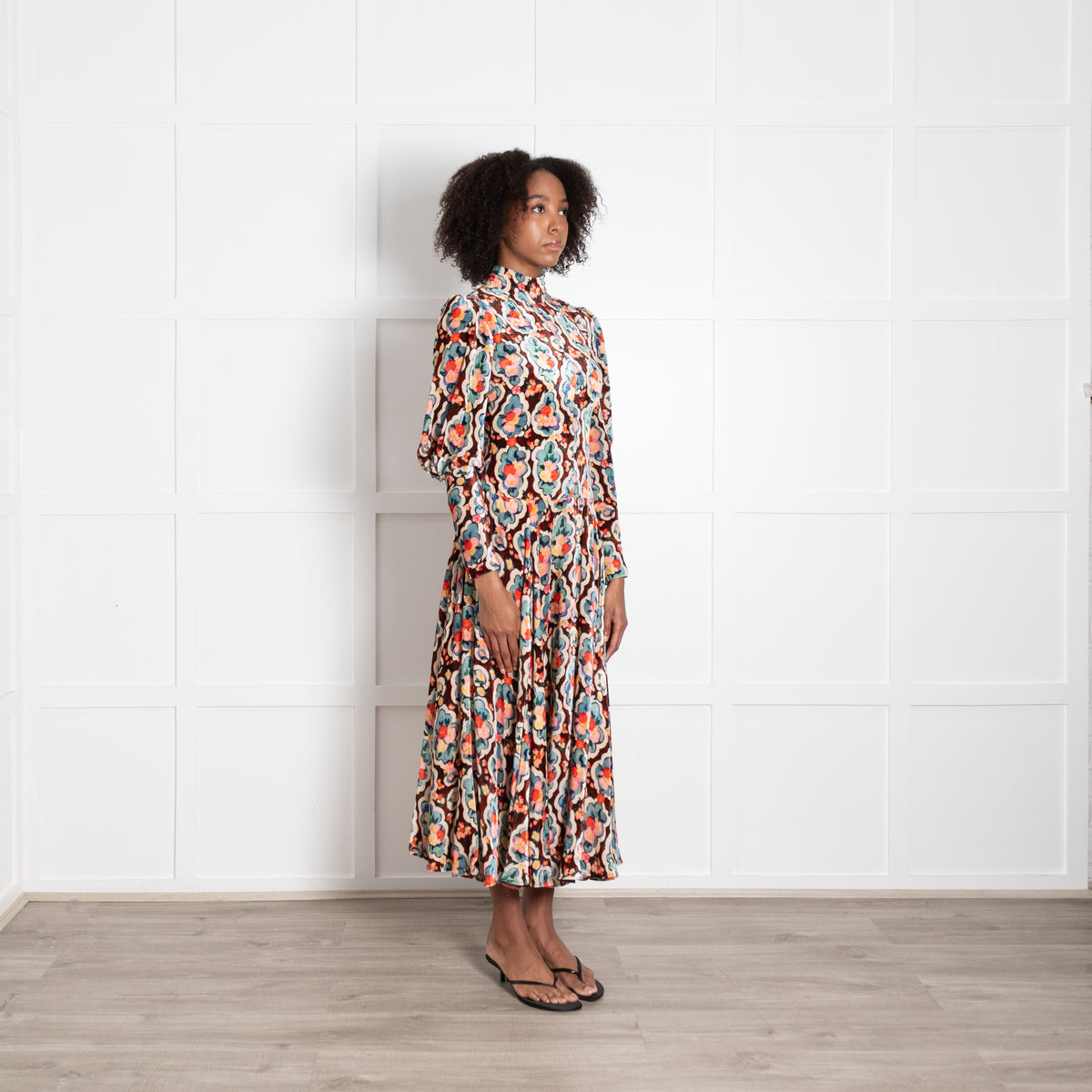 La Double J Velvet Brown Floral Long Sleevve Maxi Dress
