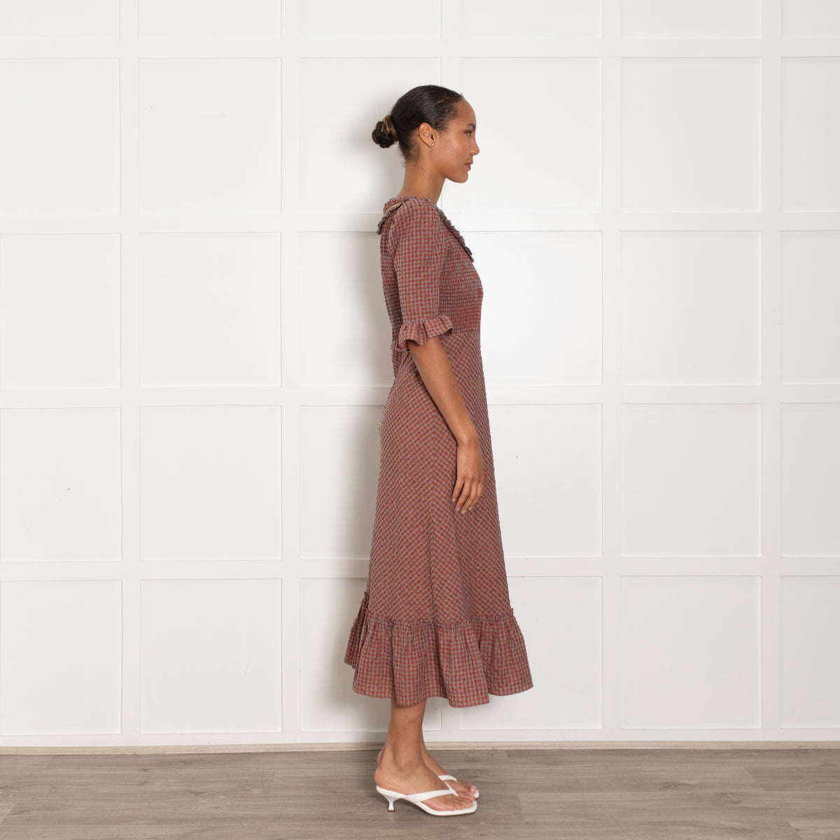 Wyse Grey Orange Gingham Smock Maxi Dress