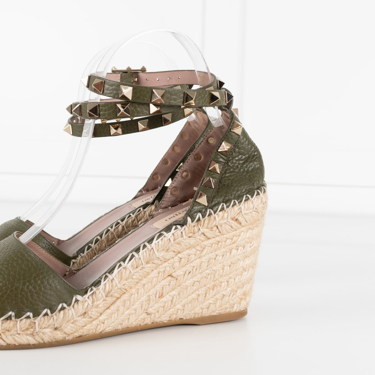 Valentino Khaki Wedge Leather Rockstud Espadrilles
