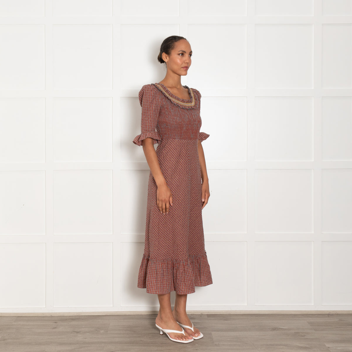 Wyse Grey Orange Gingham Smock Maxi Dress