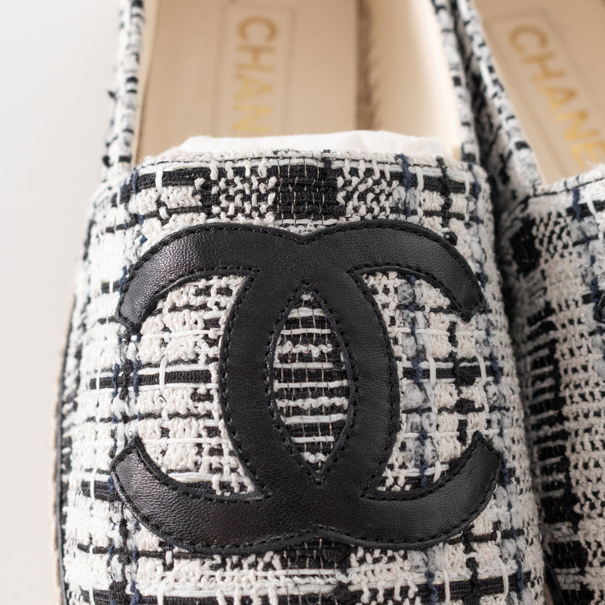 Chanel Black White Tweedy CC Espadrilles