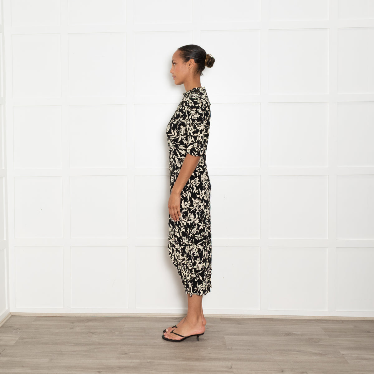 Ba&sh Black and Cream Floral High Neck Midi Dress