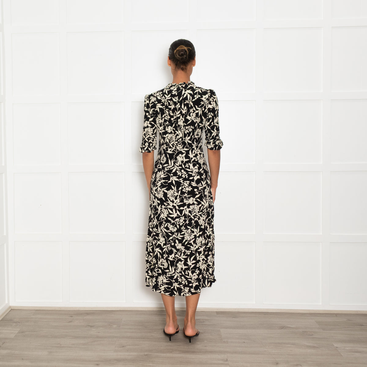 Ba&sh Black and Cream Floral High Neck Midi Dress