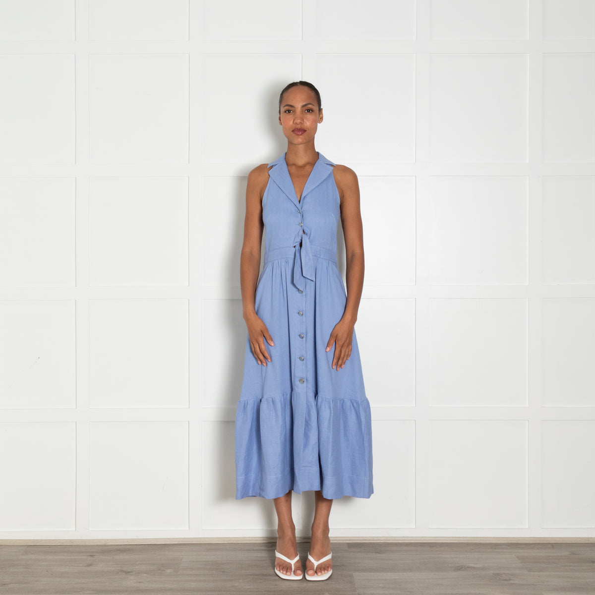Temperley Blue Linen Blend Sleeveless Front Button Dress