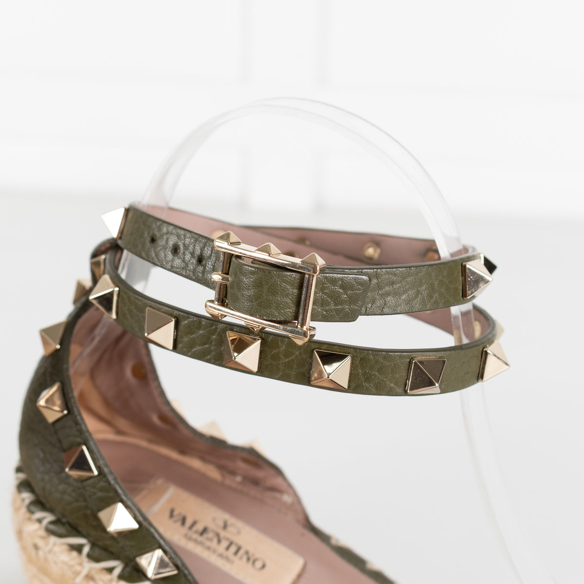 Valentino Khaki Wedge Leather Rockstud Espadrilles