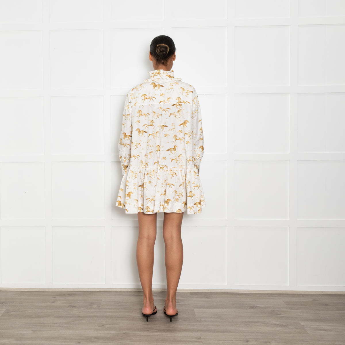 Ganni White Cotton Frilled Horse Print Mini Dress