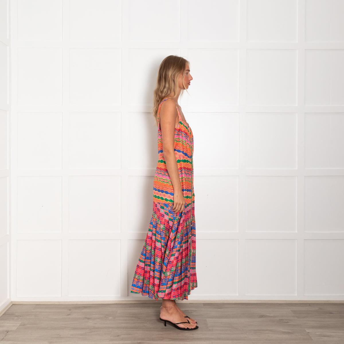 Saloni Multicolour Geometric Print Pleated Sleeveless Dress