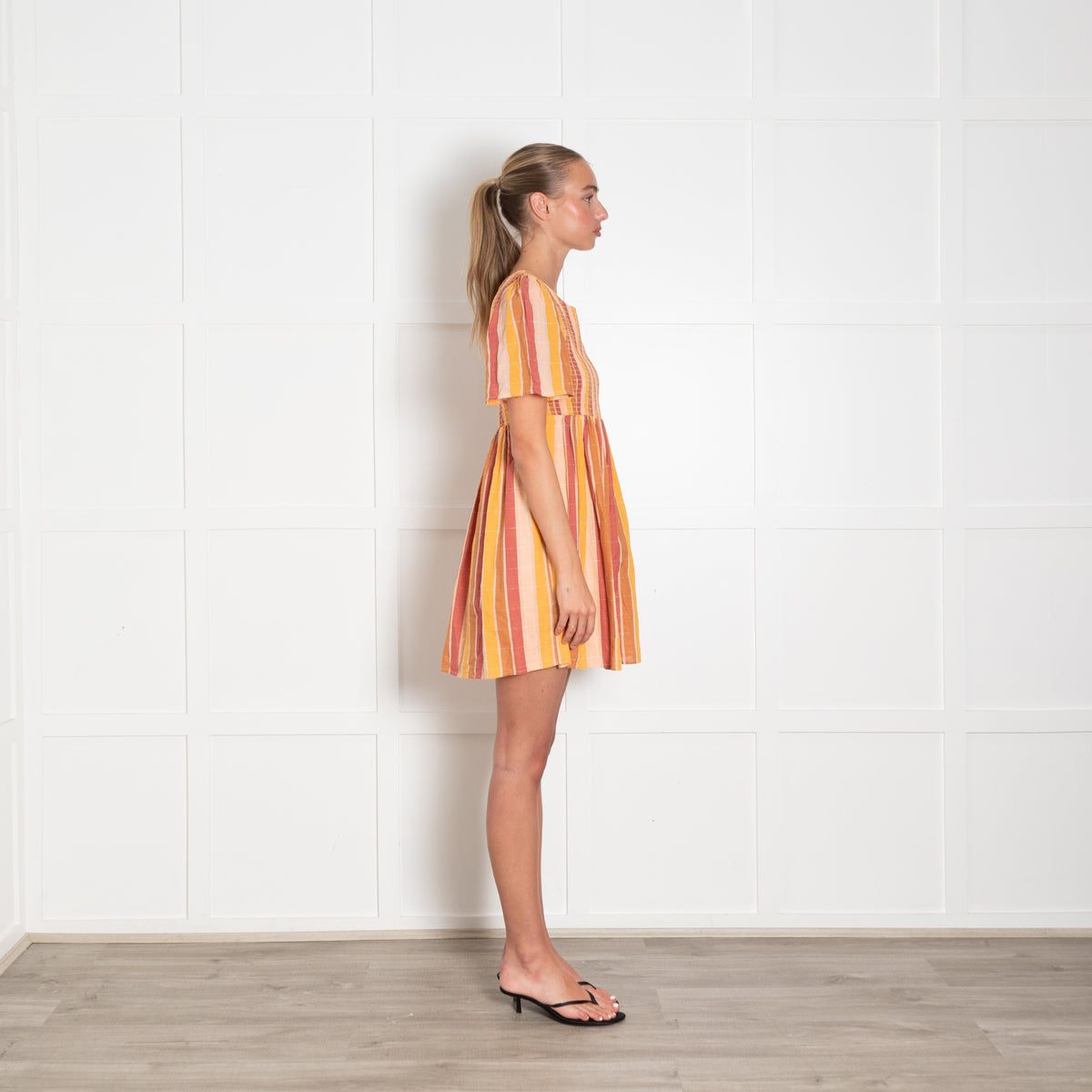 Sezane Yellow Brown Smocking Detail Short Sleeve Cotton Mini Dress