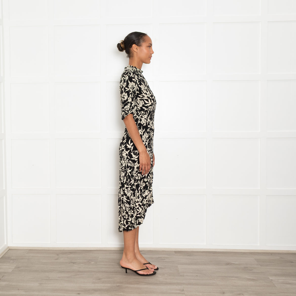 Ba&sh Black and Cream Floral High Neck Midi Dress