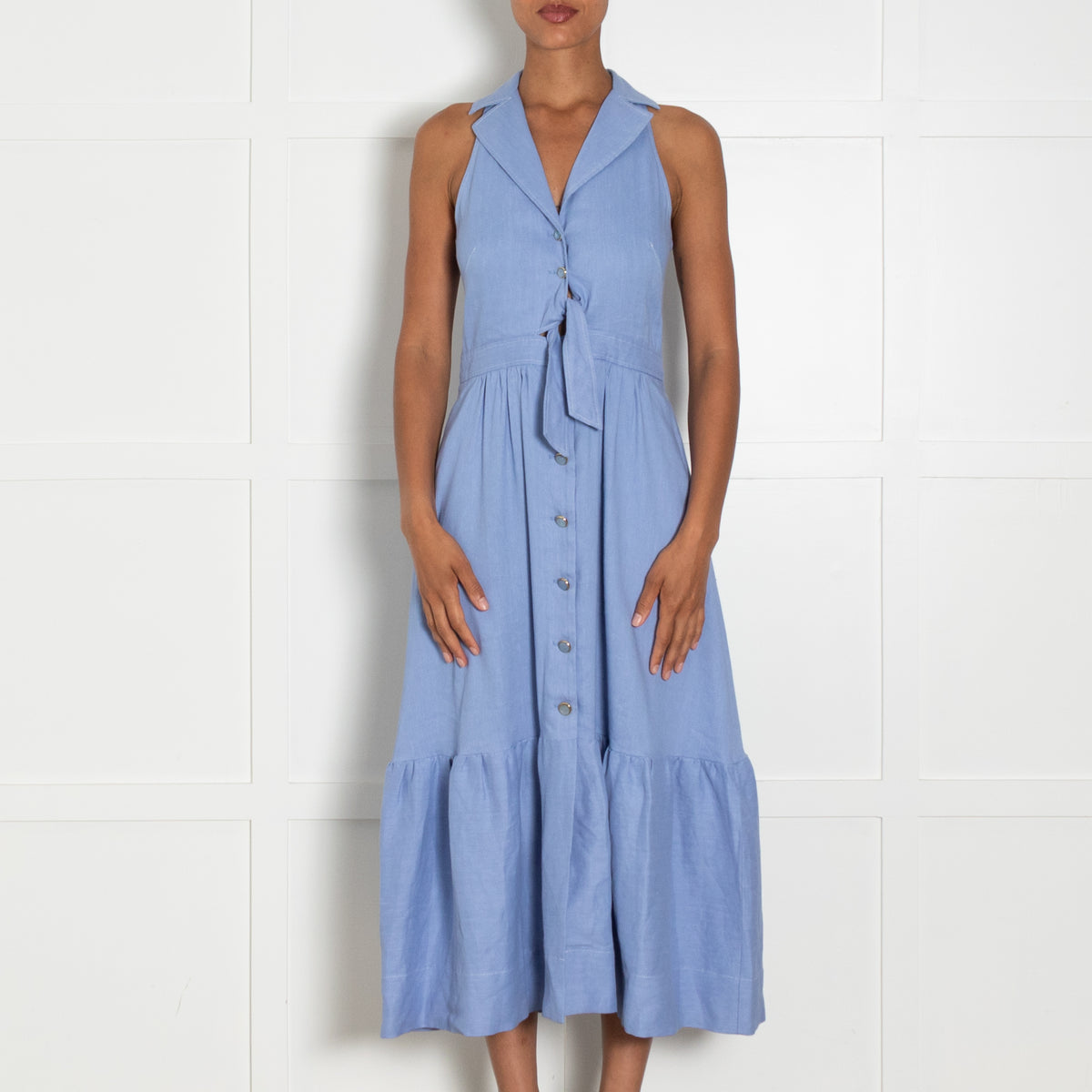 Temperley Blue Linen Blend Sleeveless Front Button Dress