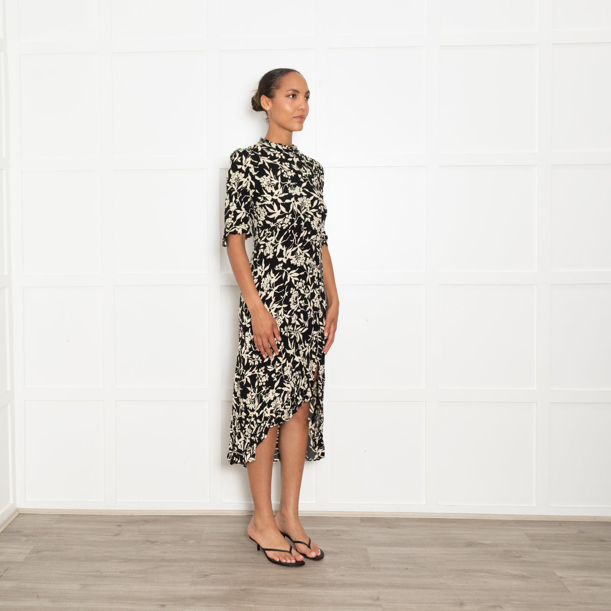 Ba&sh Black and Cream Floral High Neck Midi Dress