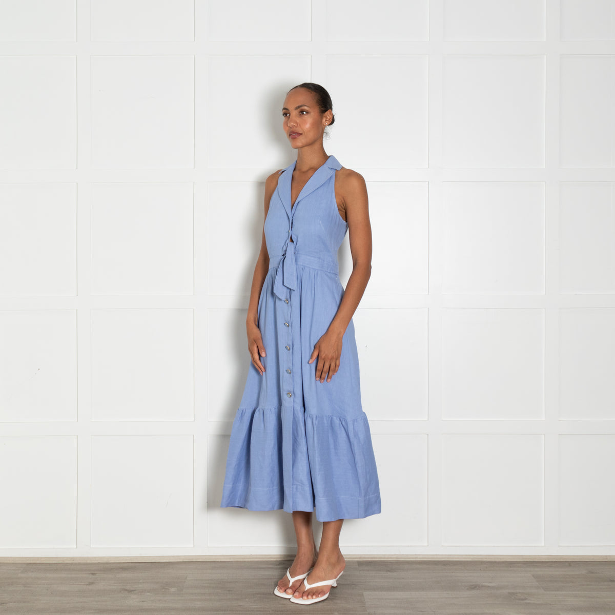 Temperley Blue Linen Blend Sleeveless Front Button Dress