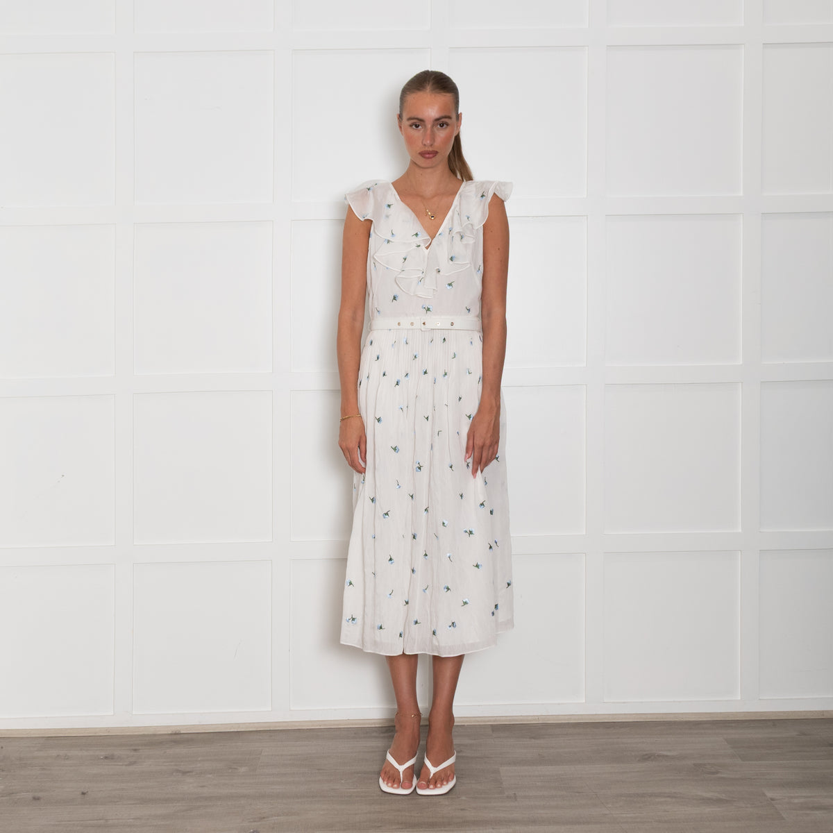 Kate Spade  White Blue Flower Belted Frill Trim Dress