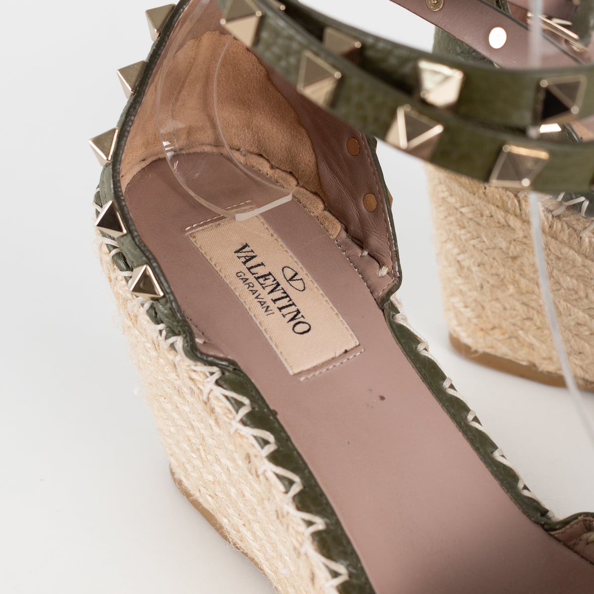 Valentino Khaki Wedge Leather Rockstud Espadrilles