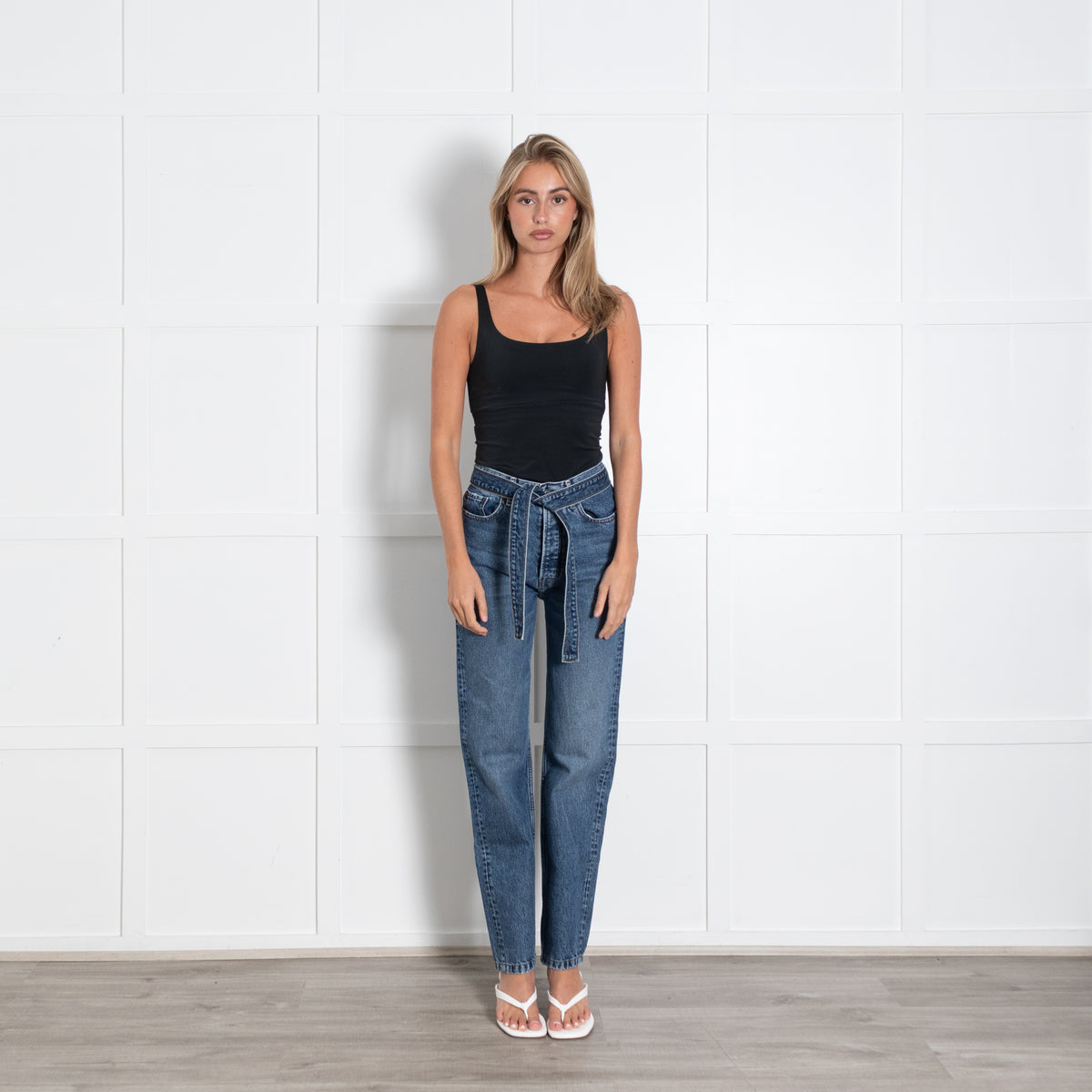 The Kooples Blue Denim Gathered Waist Belted Straight Leg Jeans