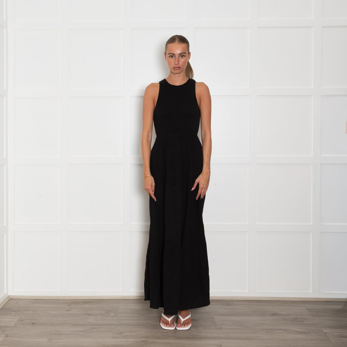 Me + Em Black Cheesecloth Cutout Smock Midi Dress