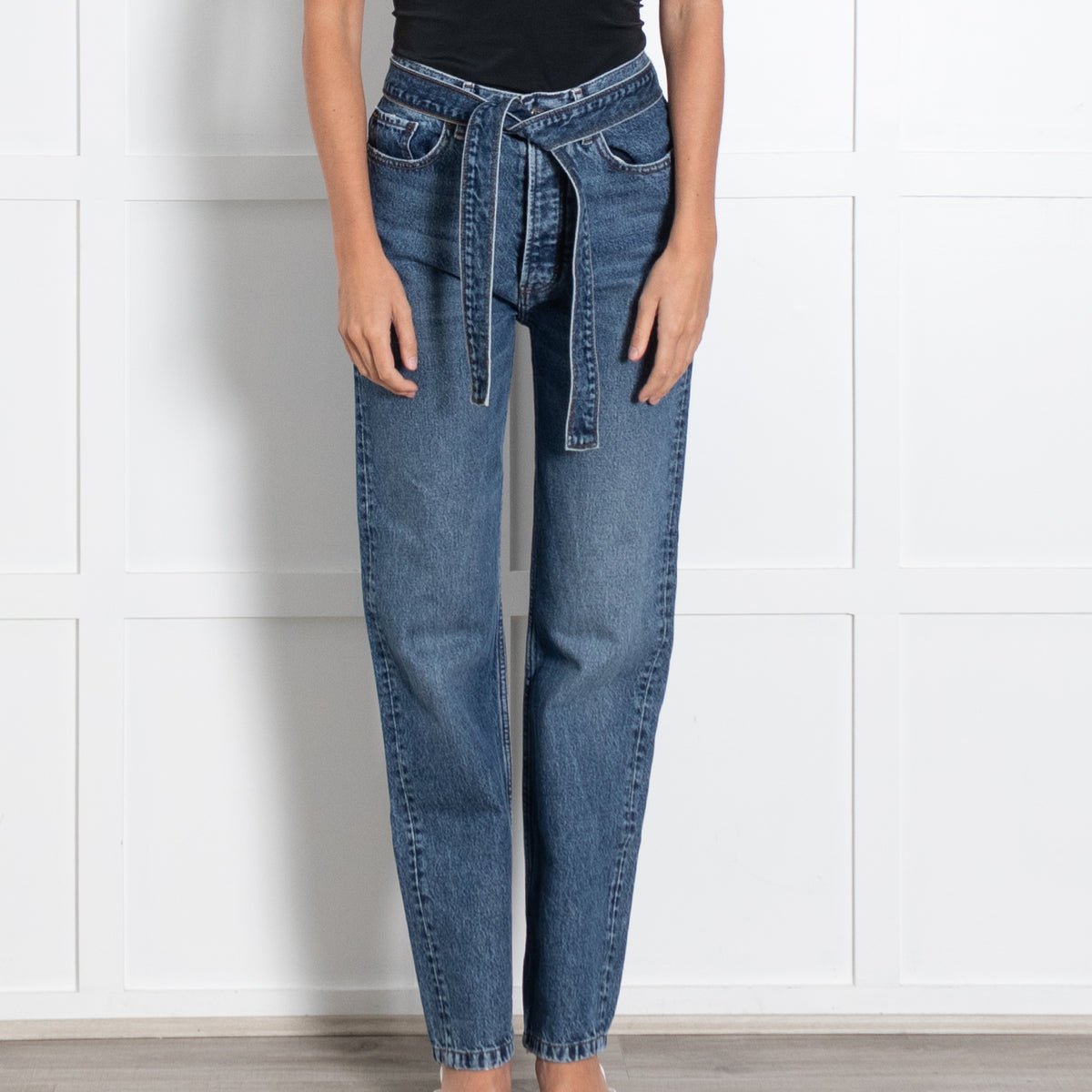 The Kooples Blue Denim Gathered Waist Belted Straight Leg Jeans