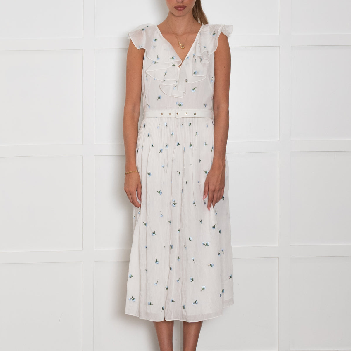 Kate Spade  White Blue Flower Belted Frill Trim Dress
