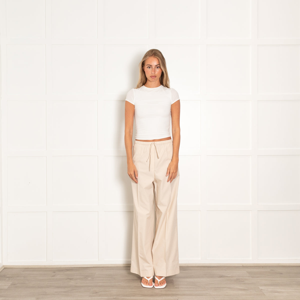 Toteme Beige Cotton Straight Trousers Drawstring Waist